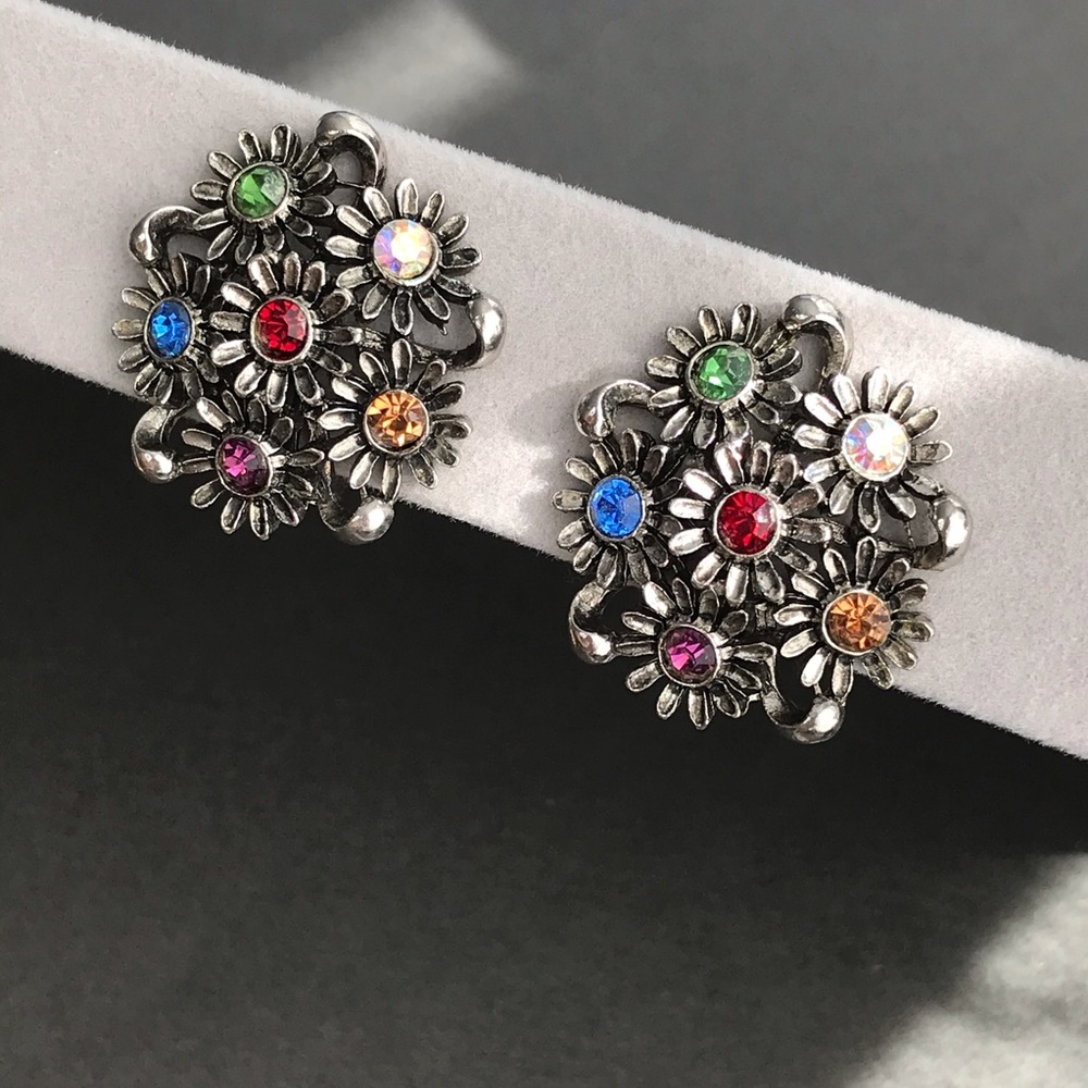 Vintage Judy Lee Flower Clip Earrings Multicolor Rhinestones Silver Tone